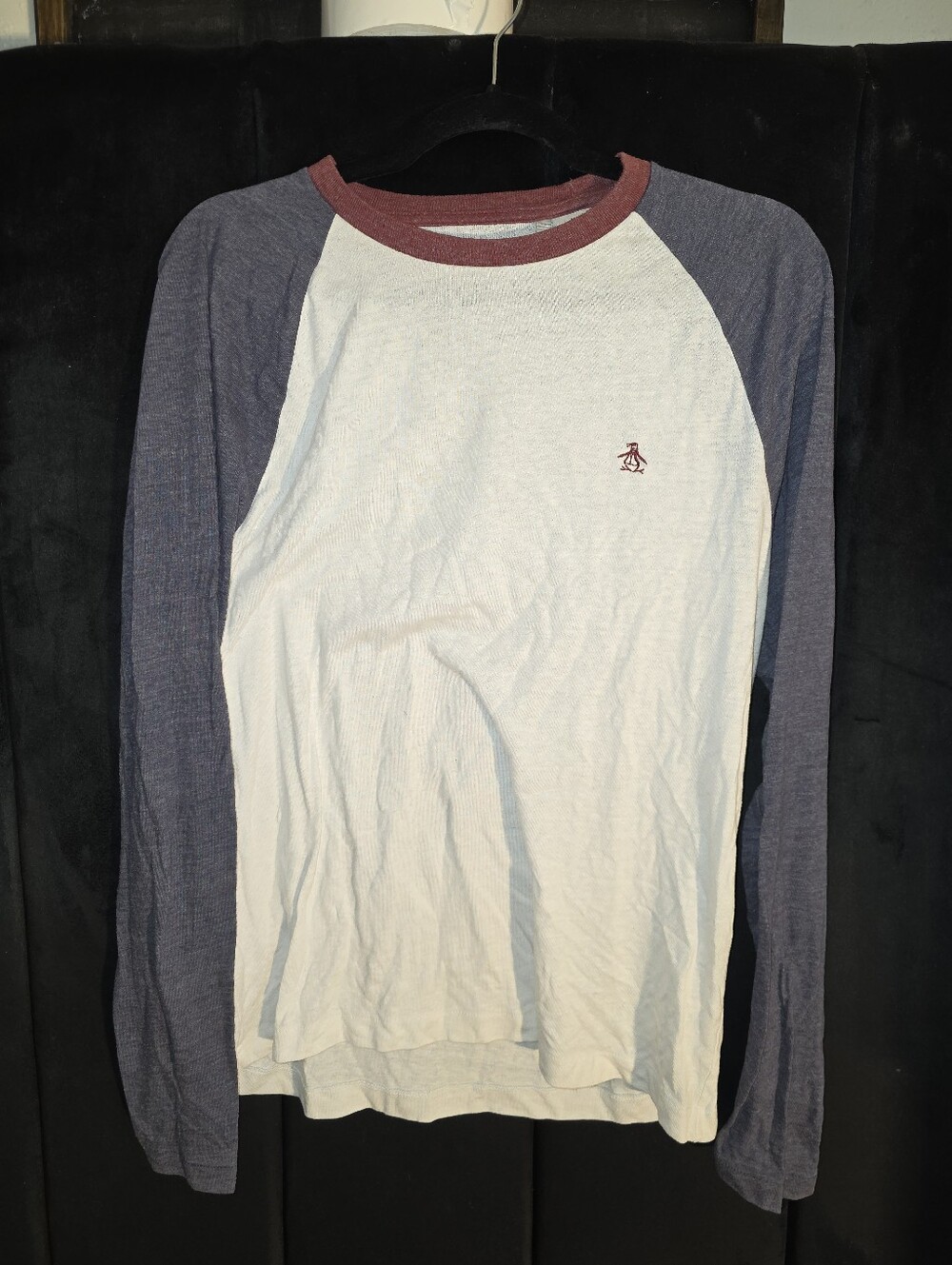 Original Penguin Long-Sleeve Raglan Tee in White, Blue, Maroon